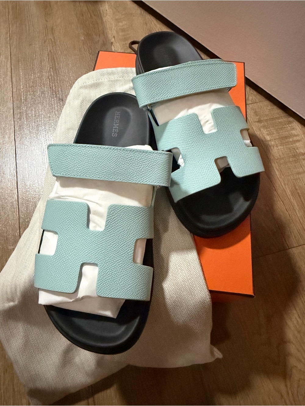 Hermes Mint Green Leather Slide Sandals